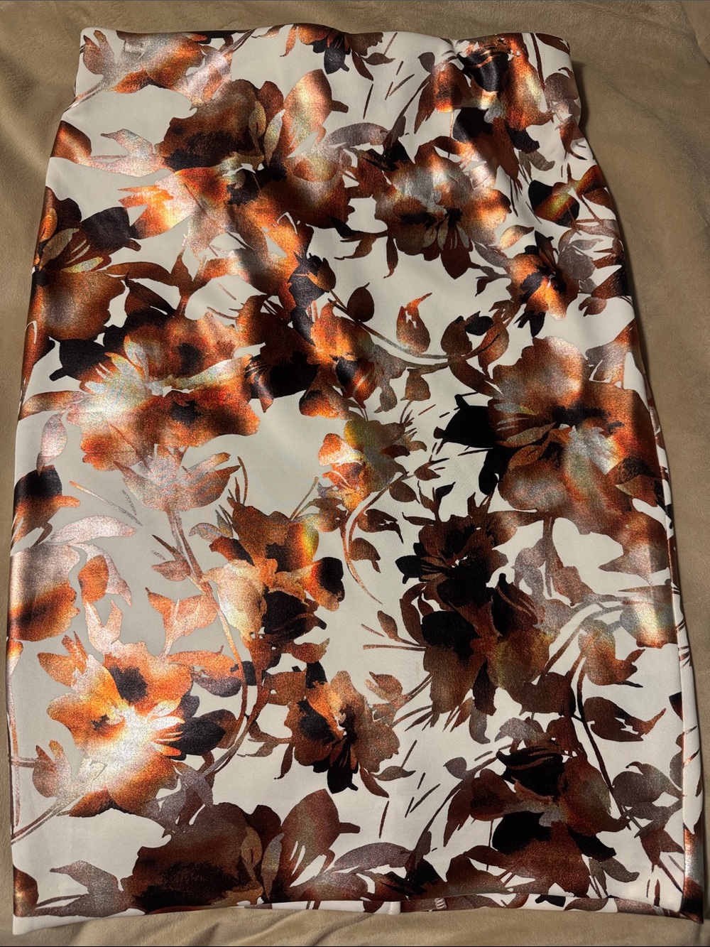 ECI Floral Satin Pencil Skirt in White and Copper